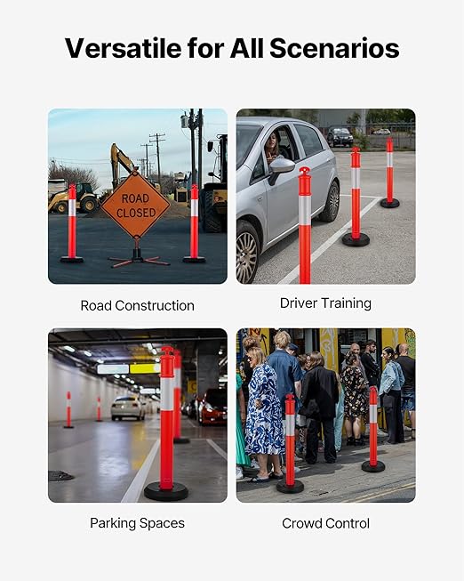 VEVOR 6 Pack Traffic Delineator Posts, 48 inches Traffic Safety Cones with Fillable Base and Reflective Strips, Heavy Duty Delineator Posts for Construction Site, Parking Lot, Crowd Control, Red