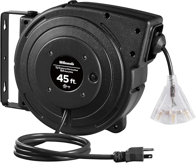 WILAWELS12 Gauge Retractable Extension Cord Reel, 45 FT 12AWG/3C SJTOW Heavy Duty Power Cord, 3 Grounded OutletsTriple Tap Cord Reel, Ceiling & Wall Mount, 15 Amp Circuit Breaker, UL Listed, H45CR06