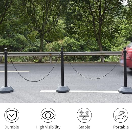 6 Pack Traffic Delineator Post Cones with Plastic Chain Crowd Control Barriers - Expandable 40" Traffic Control Cones, 6 x 6.6 Ft Chains for Indoor & Outdoor Use (Black-Water Filled Base)