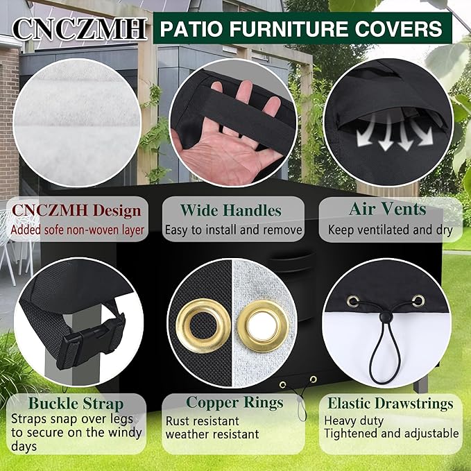 Square Heavy Duty Patio Table Covers Waterproof, 600D Outdoor Dining Table and Chair Set Covers, Outdoor Furniture Cover Waterproof for Sectional Sofa Couch 126''L x 126''W x 32''H, Black
