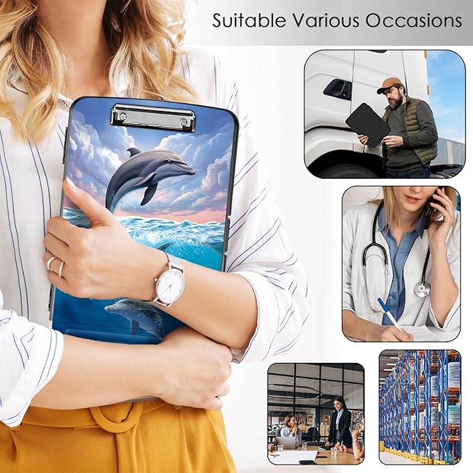 Clipboard with Storage,Office Supplies Nursing Clipboards Folder with Pen Holder Plastic Storage ClipBoard Foldable for Teacher Nurse,Cute Dolphin