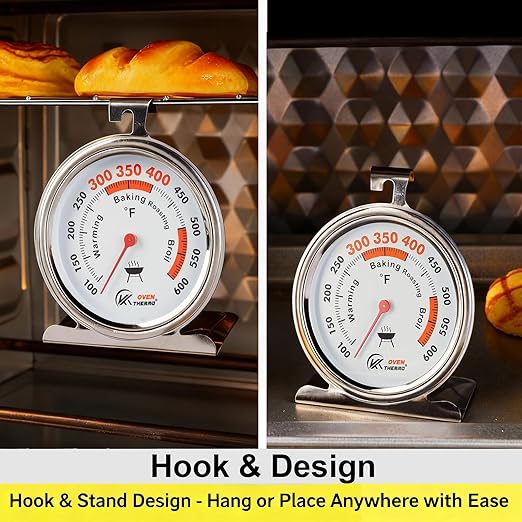 3.5" Oven Thermometer 100-600°F Kitchen Cooking Thermometer Instant Read Stainless Steel Oven Temperature Gauge with Hanger & Base 2Pcs
