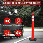 OrangeStar 42" Traffic Delineator Posts, 6 Pcs Orange Delineator Cones with Heavy Duty Rubber Base for Road Safety, Parking Lots