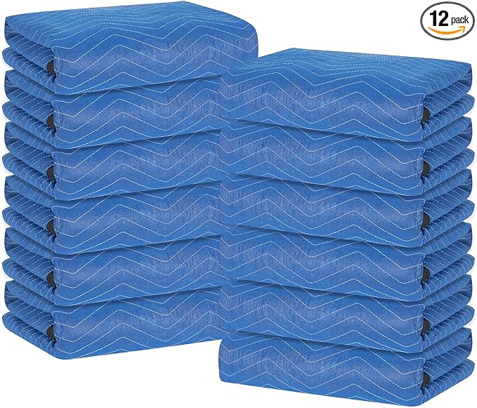 Moving Blankets 12 Packs, Extra Large 80"x72" Furniture Moving Pads, Reusable Packing Blankets, Professional Quilted Furniture Shipping & Storage Pads for Couch Desk Cabinet Appliances, Blue and Black