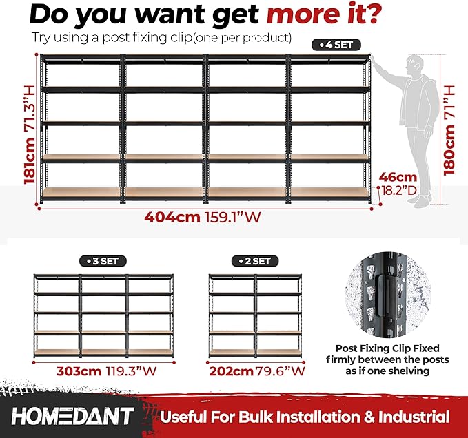 HOMEDANT 5-Tier Laminated Boltless Heavy Duty Metal Shelving Unit Adjustable Garage Storage Utility Rack Shelves Organization Multipurpose Shelf Warehouse Industrial (3, (L) 39.8" W, Black)