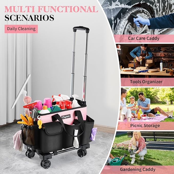 Rolling Cleaning Caddy, Cleaning Supplies Organizer with Trolley, Wearable Cleaning Tote Bag on Wheels with Hard Bottom, Cleaning Carts for Housekeepers/Home/Car/Office/Picnic (Pink)