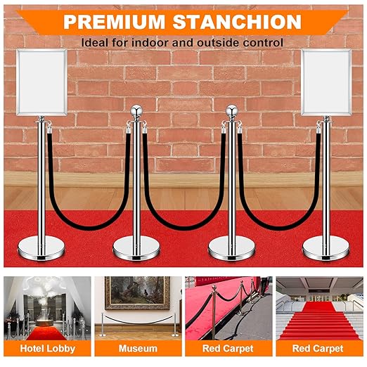 Blulu 8 Sets Stainless Steel Stanchion Set 8 Crowd Control Poles 7 Velvet Ropes and 2 A4 Sign Holders Carpet Ropes and Hollow Base Poles Easy Assembly Safety Barrier for Event Party(Silver)