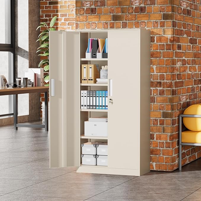 Greenvelly Metal Garage Storage Cabinet with 2 Doors and 4 Adjustable Shelves, 72”H Steel Lockable Storage Cabinet,Tall Metal Cabinet Locking File Cabinet for Office,Home, Garage, Gym, School