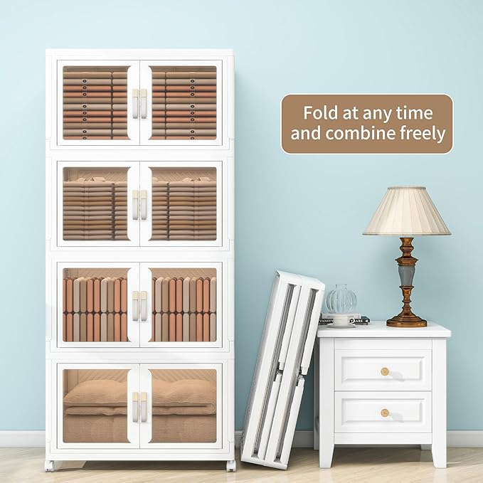 Large Clear Stackable Storage Bins with Lids, 942QT-157QT*6Tier Foldable Cabinet for Closet Organizers, Plastic Storage Box with Wheels White