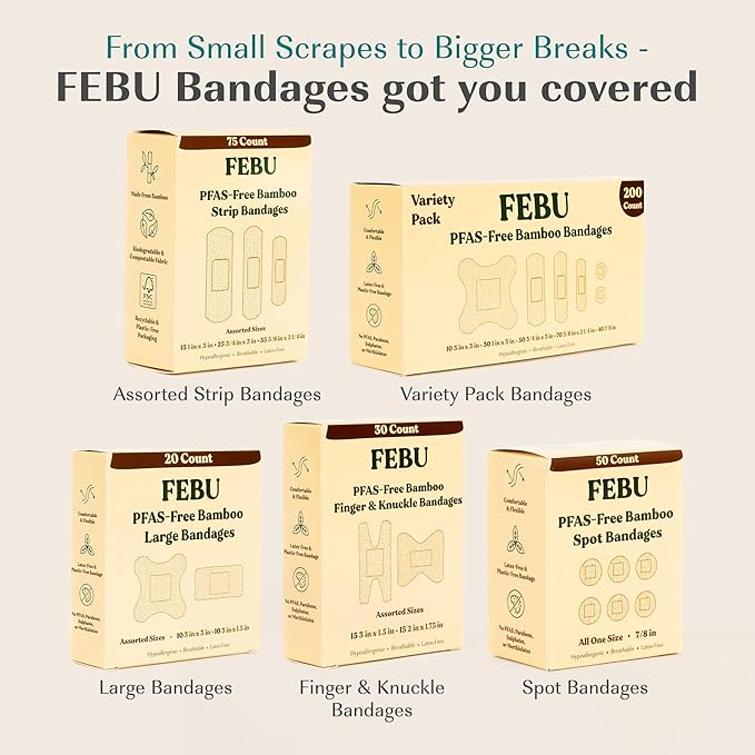FEBU Bamboo Fabric Bandages | PFAS Free Flexible Fabric Bandages | Latex Free Bandage | Natural Hypoallergenic Bandage for Scrapes, Cuts & First Aid | 1in x 3in | 100 Count Pack