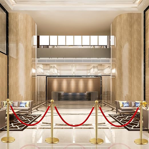 Ferraycle 12 Pcs Stainless Steel Stanchions Post Queue 5 ft Carpet Ropes and Poles Crowd Control Barriers Sand Injection Hollow Base and Velvet Ropes Set for Party Supplies(Gold, Red)