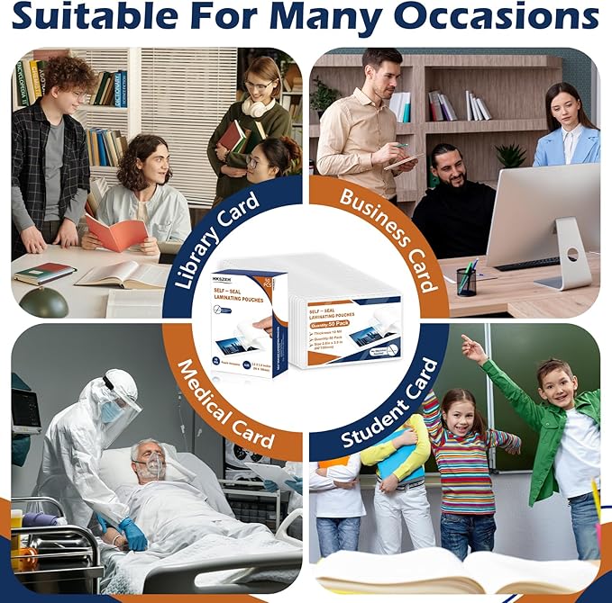 200 Pack 10 Mil 2.6"x3.9" Self Sealing Laminating Pouches Plastic Laminating Sheets Business Card Size Clear Lamination Paper for Office School Home Supplies Glossy Finish(No Laminator Need)