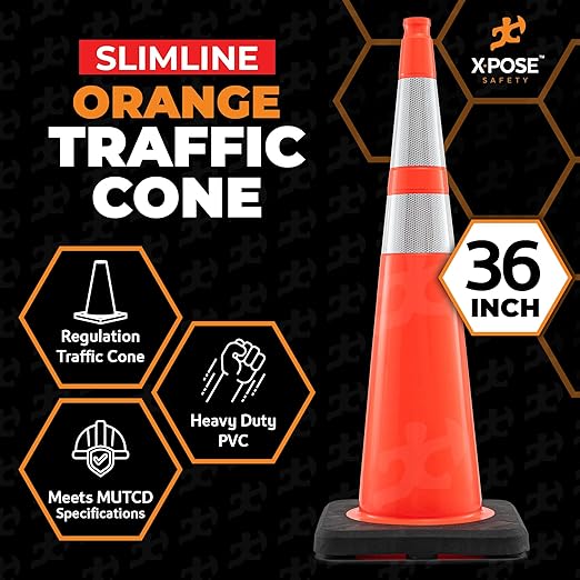 Xpose Safety 36 Inch Orange Slim Line Traffic Cones with 6" & 4" Collars, 12 Pack Multipurpose PVC Plastic Safety Cone for Parking, Soccer, Caution, Kids & Construction - DOT Approved