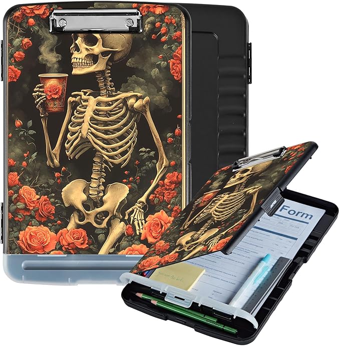 Clipboard with Storage Box & Pen Holder,Heavy Duty Clip Boards 8.5x11 for Nursing,High Capacity,School & Office Supplies,Skeleton Roses Tea