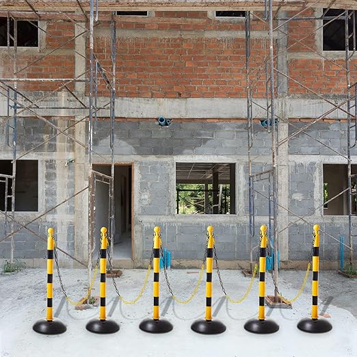 Amylove Plastic Stanchion Post Set, Traffic Warning Line Stanchion Crowd Control Safety Barriers Driveway Barrier with 5 Chains and 10 S Hooks for Outdoor Indoor Parking(Yellow Black,6 Pcs)