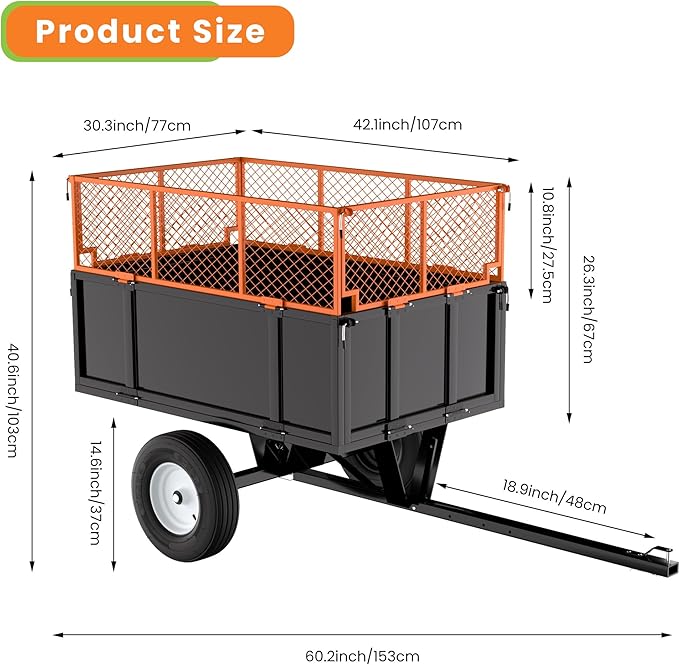 Heavy Duty ATV Dump Cart - Steel Tow Behind Trailer, Garden Cart Trailer, 17 Cu.Ft Capacity & 750 Lbs Steel Dump Trailers, with Foldable Mesh Fence, Yard Garden Trailers for Lawn Mower Tractor