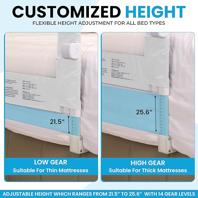 TotCraft MiniFlex Adjustable Length & Height Bed Rail for Toddlers – 35.5″ or 47″ Two Fixed Lengths,Fits Twin, Full & Queen Beds – 14 Height Levels – ASTM Certified Safety Guard Rail for Kids (White)