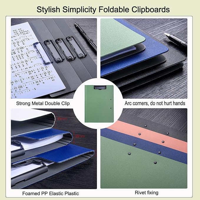 Clipboard Folder, A4 Foldable Clipboards, Office Clipboard Folder with Double Clips Metal Clip, 360 Degree Foldable Storage Clipboards for Office, School or Medical Field, Green