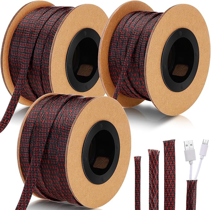 Pangda 300 Feet 1/4, 1/2, 3/8 Inches Wire Loom PET Expandable Braided Sleeving Braided Sleeve for TV, Computer, Home Theater (Black Red)