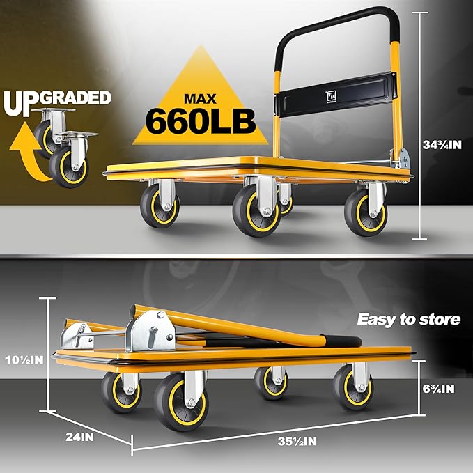 Push Cart Dolly by Wellmax, Moving Platform Hand Truck, Foldable for Easy Storage and 360 Degree Swivel Wheels with 660lb Weight Capacity, Yellow Color