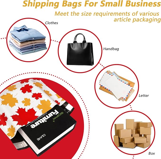 Poly Mailers 10x13 Inch 100 Pcs - Maple Leaf printed Shipping Bags, 2.4mil Thickness, Waterproof and Tear Resistant Mailing Envelopes, Self-Sealing Packaging Bags for Small Business
