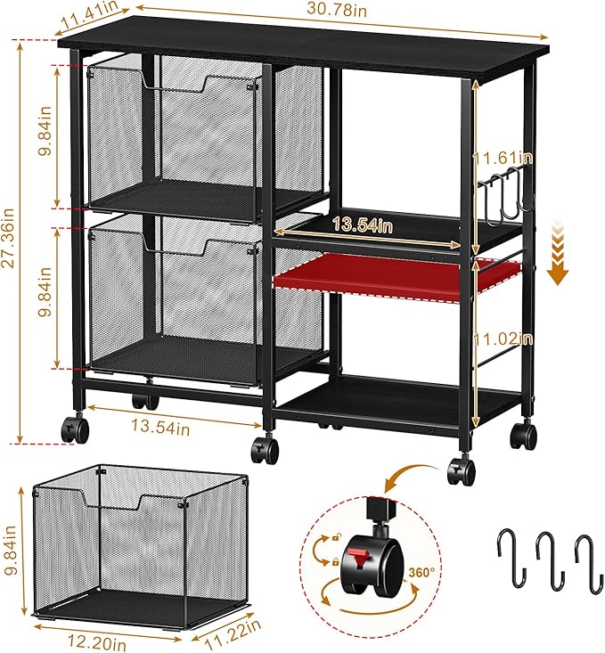 2 Drawer File Cabinet, Lateral Filing Cabinet, Rolling Printer Cabinet Cart with Open Storage Shelf, Office Storage with Wheels, Home Furniture, Black