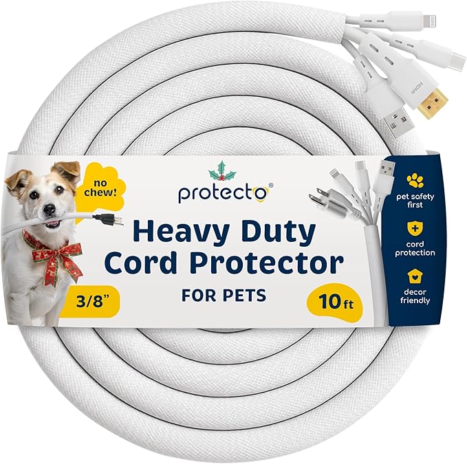 PROTECTO Heavy Duty Dog & Cat Cord Protector 10ft Long Sleeve, Easy-to-Use 3/8 in Cord Cover for Pet, Odorless White Color, No Chew Solution for Power, Audio & Video Wire Tubing, Fits 4-6 Cables
