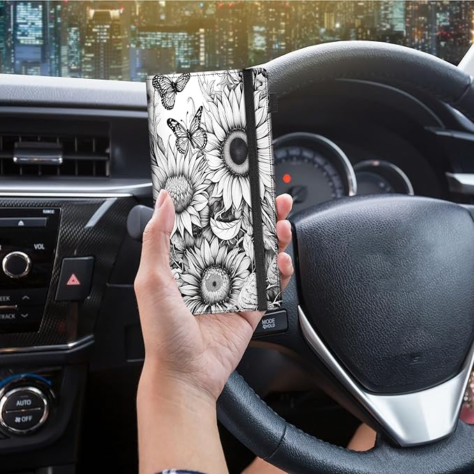 Car Registration and Insurance Holder,Leather Vehicle Glove Box Organizer Wallet for Document,Perfect for any Car,Truck,Motorcycle,Driver License,Trailer or Boat,Men & Women,Butterfly and Sunflower