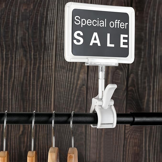 Acrylic Sign Holder with Clamp, 6 x 9 Inch Double Head Display Clips with PVC Card Protector, Rotating Sign Price Tag Clip On Sign Display for Hangrails or Tubes (Pack of 7) (White)