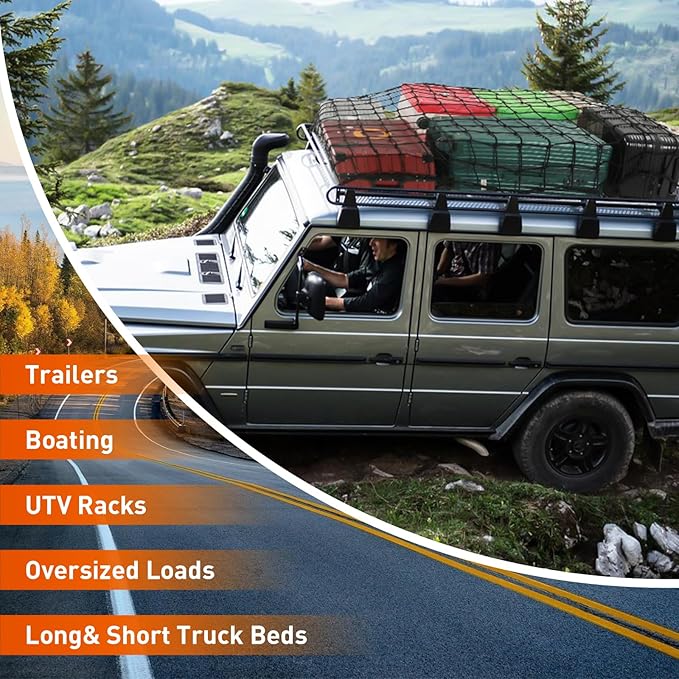 Heavy Duty Cargo Net for Pickup Truck Bed - 4' x 6' Stretches to 12' x 18' - Sturdy Latex Bungee Net Mesh - with 12 Metal Carabiners - Truck Bed Accessories for Dodge RAM, Ford, Chevy, Toyota