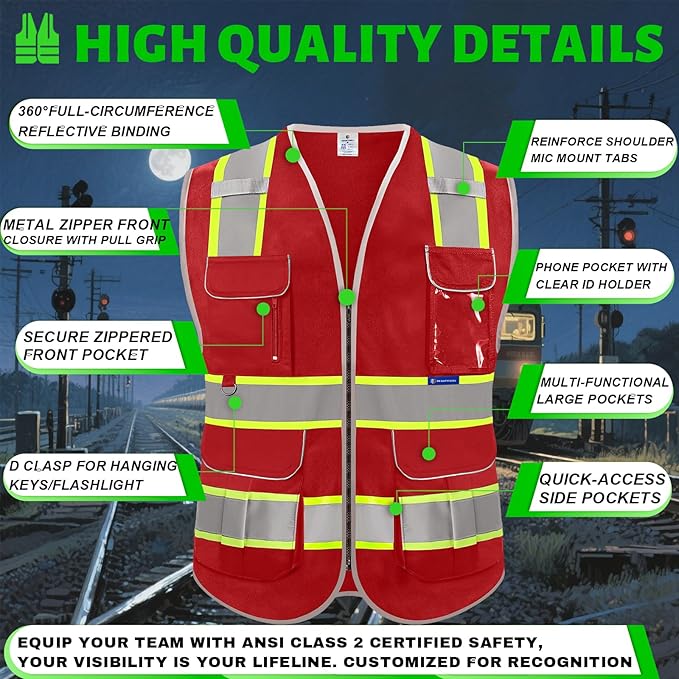 BeautyWill Custom Logo 10 Pockets Safety Vest Class2 ANSI Certified High Visibility Reflective Vest