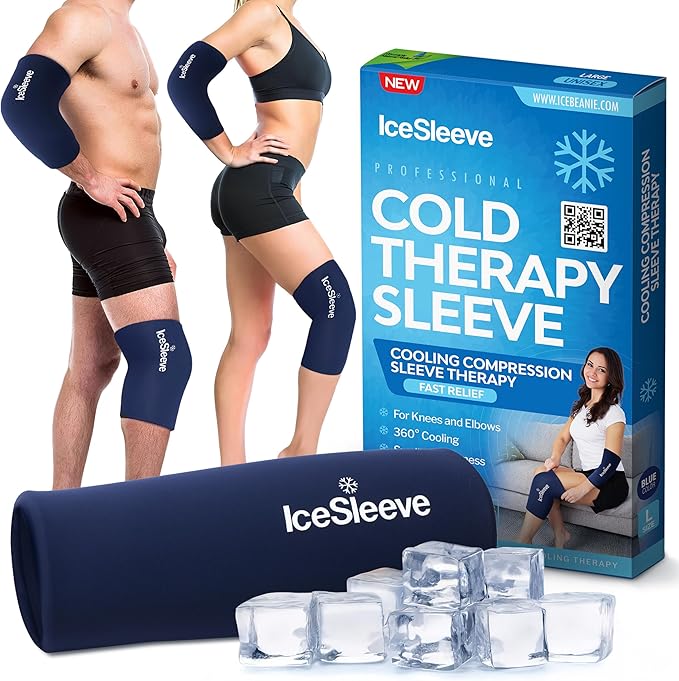 IceSleeve Elbow & Knee Ice Pack Wrap, Reusable Ice Sleeve for Arm & Leg, Flexible Gel Ice Pack for Knee Injuries, Tennis Freeze Sleeve Elbow Compression Wrap, Cold & Heat Therapy, Blue SM 1 Pack