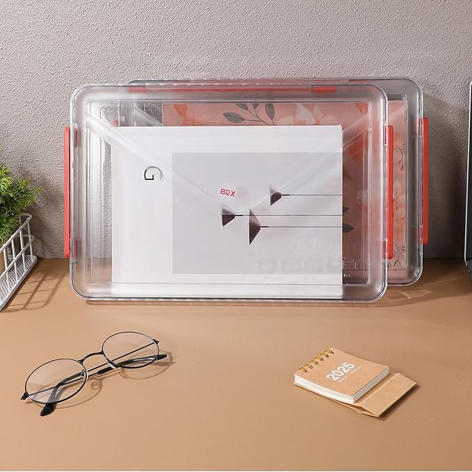 2pcs Transparent Plastic File Boxes with Handles Stackable Storage Bins with Lids for Paper and Document Organization Portable Small Project Storage Cases for Office and Home Use