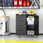Metal Storage Cabinet with Wheels, Garage Storage Cabinet with 1 Door and 4 Drawer, Rolling Tool Cabinet, Assembly Required, Black