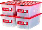 IRIS USA 91 Qt. Stackable Plastic Storage Bins with Lids, 4 Pack - BPA-Free, See-Through Organizing Solution, Latches, Durable Nestable Containers, Secure Pull Handle, Made in USA - Red