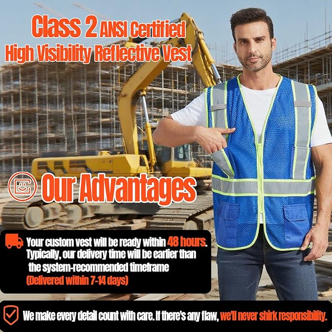 BeautyWill Custom Safety Vest Customized Logo Class 2 High Visibility Reflective Vest with Pockets Construction workwear