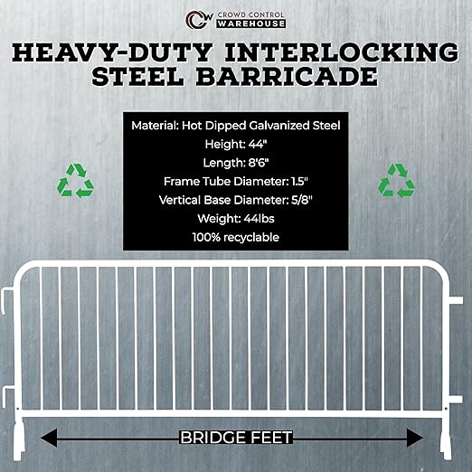 Angry Bull Barricades Metal Interlocking Steel Barricade (8.5 Ft. Heavy Duty, Bridge Feet, White Powder Coated, Set of 20)
