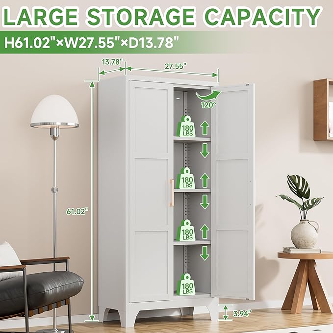 White Metal Kitchen Pantry Cabinet with Doors & Adjustable Shelves - Assembly Required