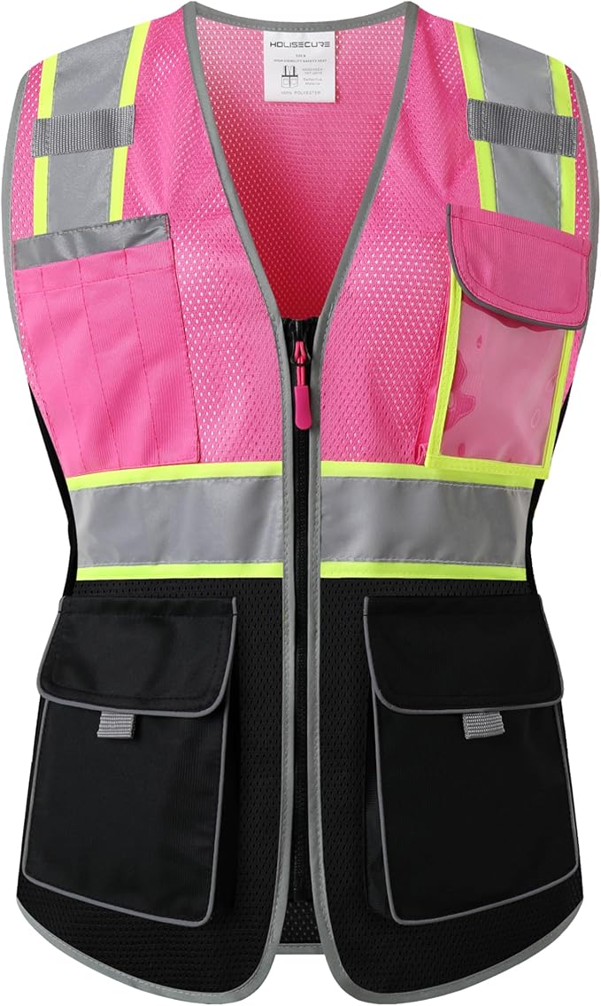 Safety Vest for women, Hi vis Reflective Lady Work vest With 9 Multi Pocket And Zipper