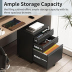 3 Drawer File Cabinet for Home Office, Under Desk Mobile Filing Cabinet with Lock for A4-Size/Letter-Size/Legal-Size, Black (HSEJ-3D)