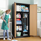 Wide & Deep Metal Storage Cabinet with Hanging Rod,Broom Closet Storage Cabinet with Lock,72" Tall Wardrobe Cabinets with Doors and Shelves,Locking Steel Tool Cabinets for Home,Office,Garage