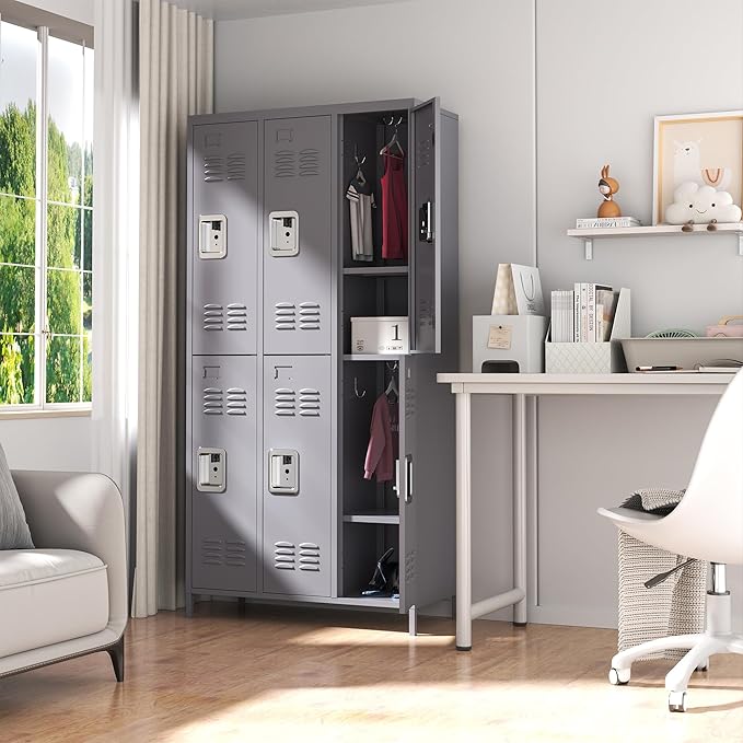 72" Tall Employees Locker with Shelves and Hooks 6 Doors Steel Sports Locker for Office Home Bedroom School Gym Garage, Metal Staff Locker Locking Storage Lockers,Grey
