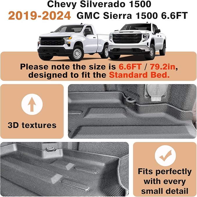 TripleAliners Truck Bed Mat Compatible with 2019-2025 2026 Chevy Silverado 1500/GMC Sierra 1500 Accessories 6.6FT Vehicle Perfectly Flush All Weather Protection TPE Heavy Duty Cargo Mat(Standard Bed)