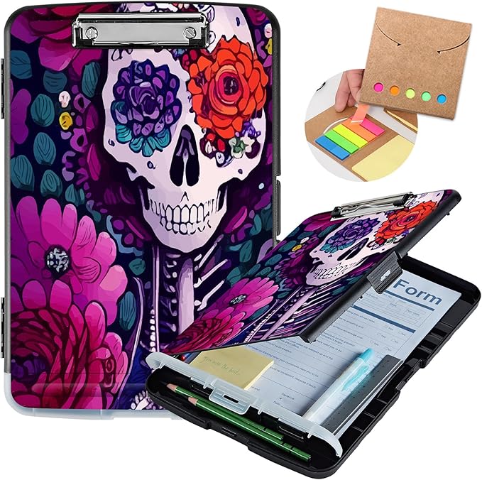 Clipboard with Storage,Heavy Duty Plastic Storage Clipboard with Low Profile Clip,Teacher Must Haves,Office Supplies,Skeleton Rose Flowers