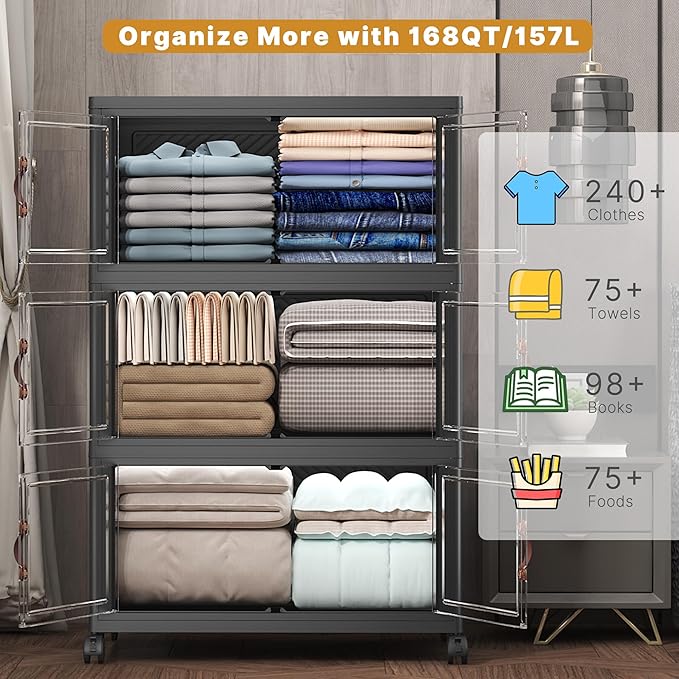 Extra Large Stackable Storage Bins with Lids & Wheels, Foldable Plastic Storage Bins (Dark, 504QT-168QT/42GAL*3Pack)