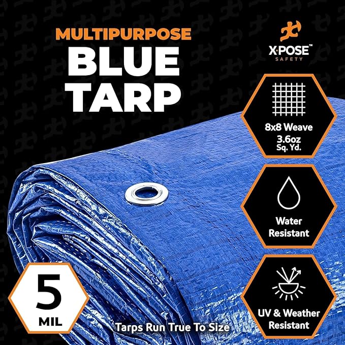 Better Blue Poly Tarp 10' x 10' - Bulk Full Pallet (840 Pack) Multipurpose Protective Cover - Lightweight, Durable, Waterproof, Weather Proof - 5 Mil Thick Polyethylene - by Xpose Safety