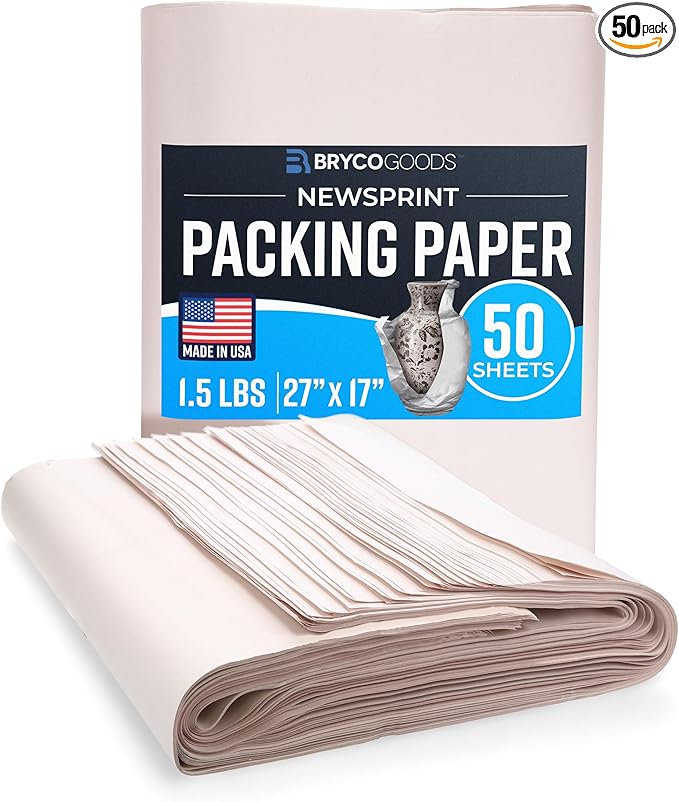 Bryco Goods Newsprint Packing Paper Sheets for Moving - 1.5lb - 50 Sheets of Newspaper Paper - Wrapping and Protecting Fragile Items, Box Filler, Shipping Supplies - 27" x 17" - Made in the USA