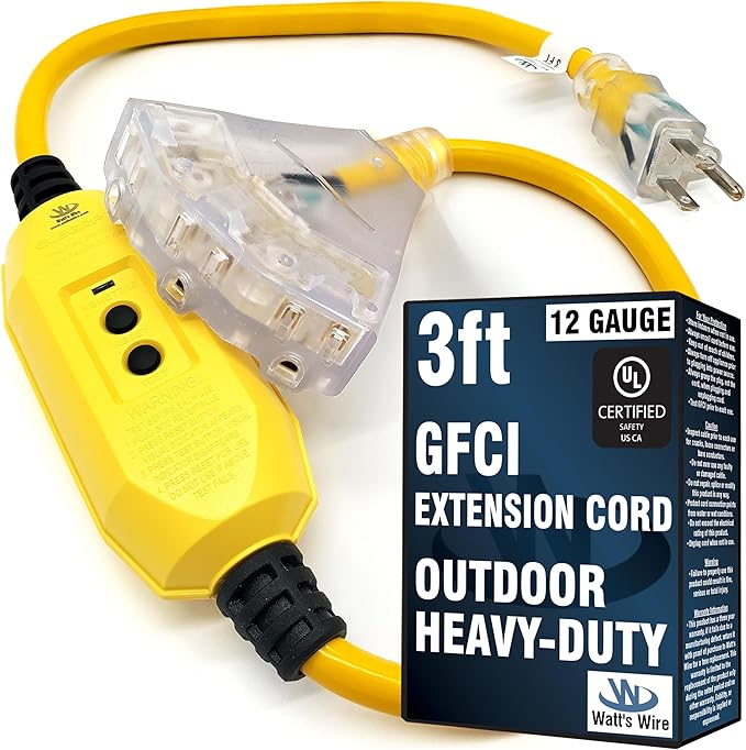 3 ft GFCI Extension Cord - Outdoor Extension Cord Waterproof - Heavy Duty Outdoor Extension Cords 3 ft with Multiple Outlets - Watts Wire - 3' Grounded - GFI Cord