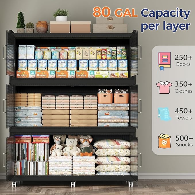 240Gal Extra Large Stackable Storage Bins with Lid, 960Qt Collapsible Storage Box with Wheels, Closet Organizers and Storage Cabinet Container for Home, Kitchen, Office, Bedroom, 3Pack Black