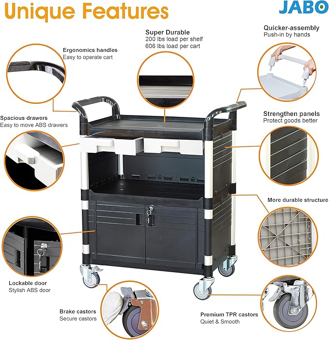 JaboEquip 3 Tier Heavy Duty Utility Cart, Lockable Medical Cart, 606 lbs Load for Lab, Hospital, Office, JB-3KD1, Black